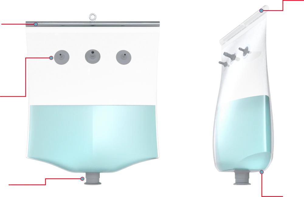 Dymaxion 2.5D single-use bioprocess bag, front and side views, showing hanger, side ports, sanitary clamp outlet and tapered 3D base