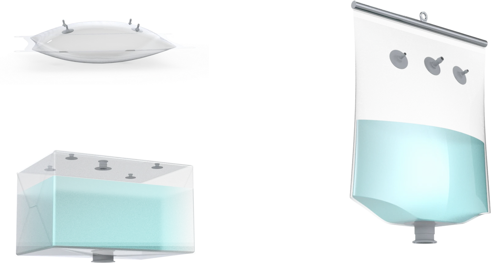 Alphinity single-use bag range: 2D pillow bag, 3D bag and Dymaxion 2.5D bag