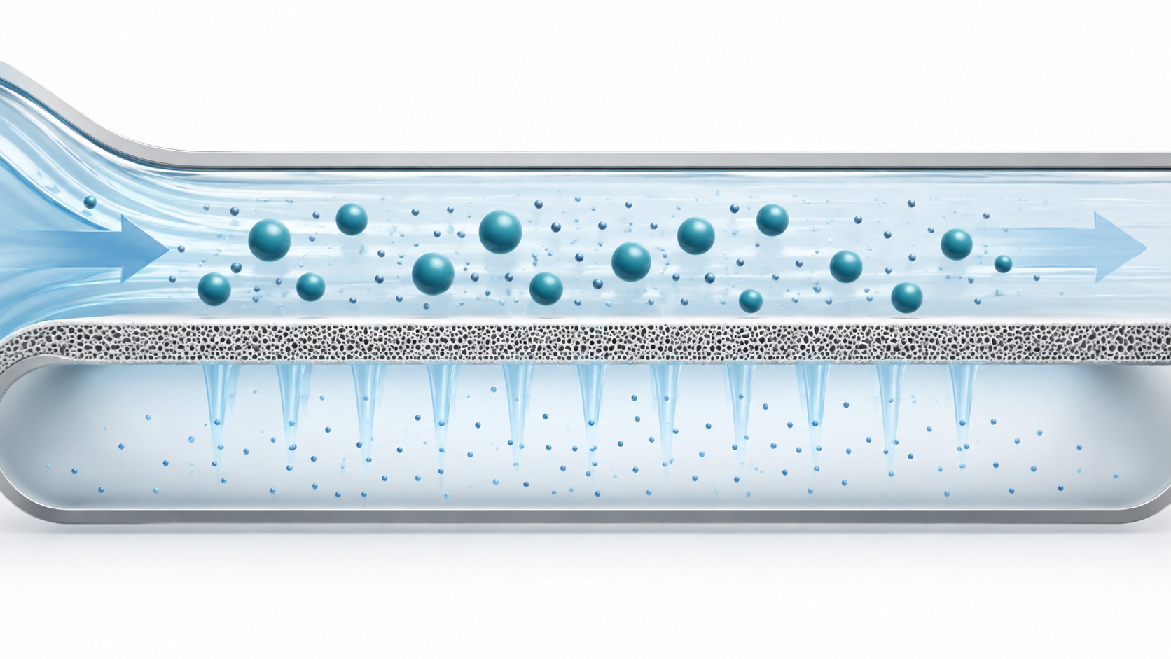 Cross-section of tangential flow filtration: large product molecules retained in the crossflow channel while small impurities pass through the membrane into the permeate.
