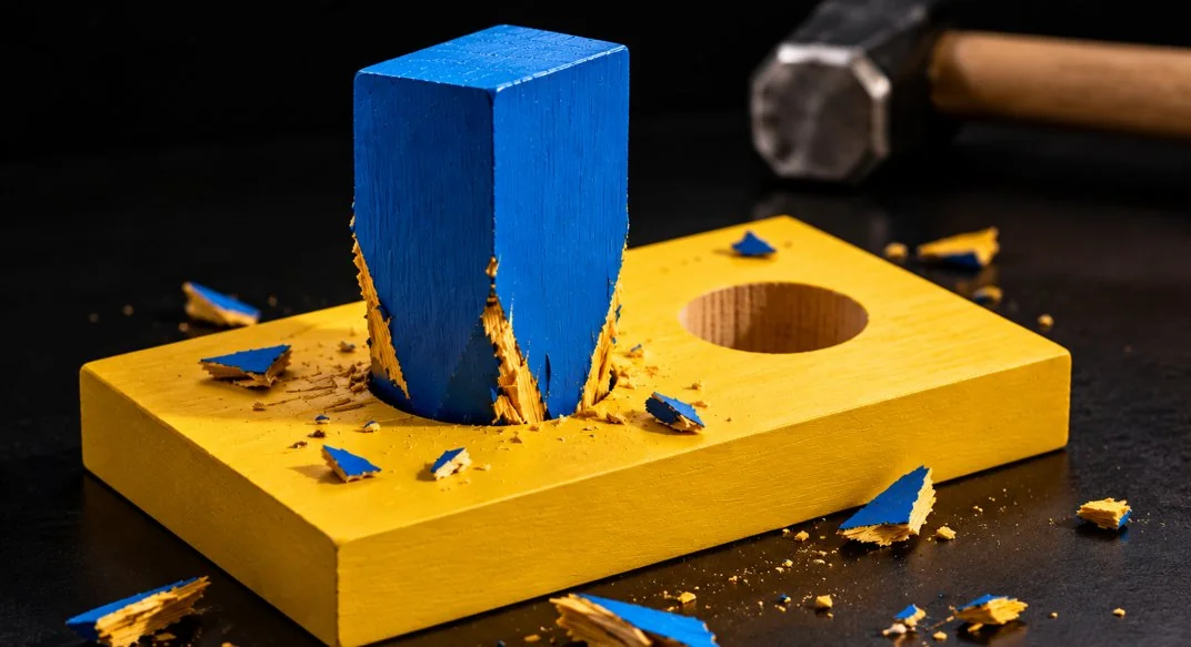 A square blue peg splintering as it is forced into a round hole