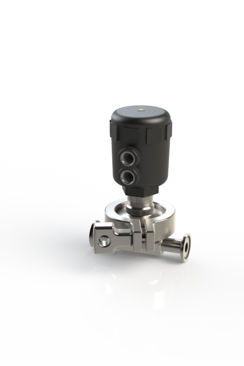 A sanitary diaphragm valve with a pneumatic actuator mounted on top, switched and held by compressed air.
