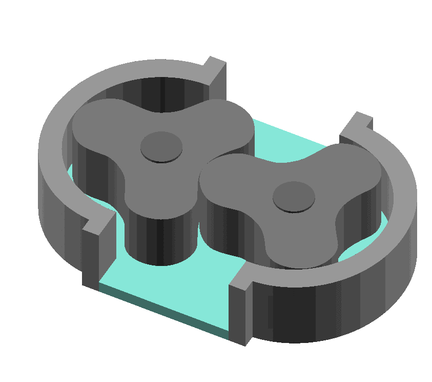 Animated diagram of a rotary lobe pump with two counter-rotating meshing rotors moving fluid from inlet to outlet