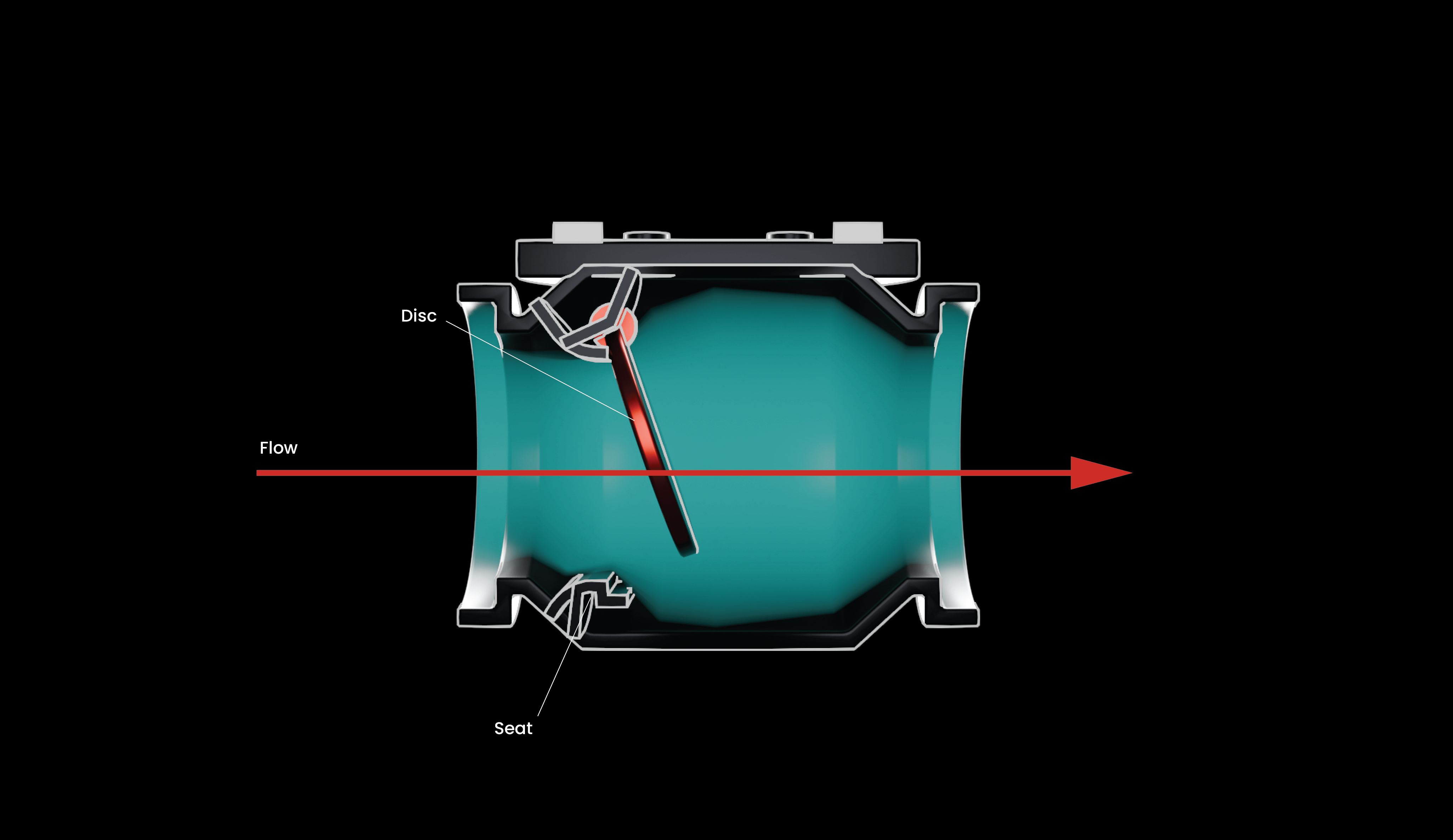 Cross-section of a check valve open in the forward-flow direction